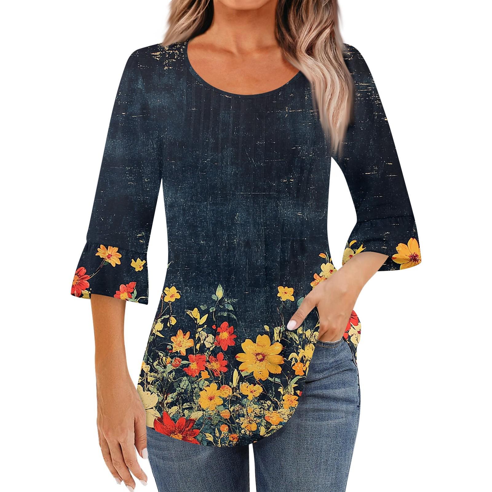 

Женская модная повседневная плиссированная футболка с круглым вырезом и цветочным принтом, рукав три четверти XL жёлтый