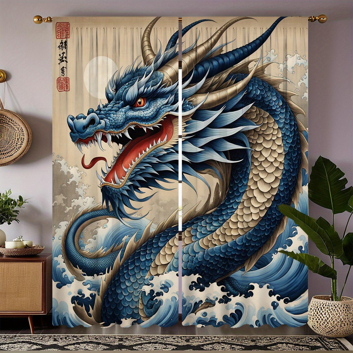 

2PC Blue Dragon Sheer Curtains – HD Print Fierce Red Eyes & Waves Polyester Pocket Rod Top for Living Room & Bedroom 100*130 HOOK 1pcs
