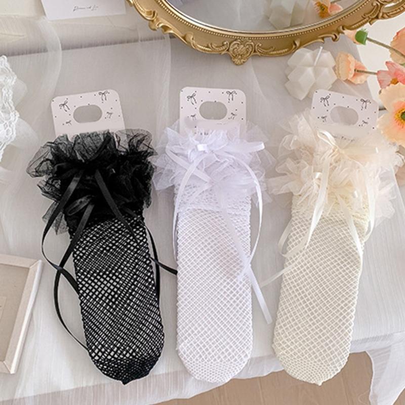 Breathable Lace Sweet Socks for Kids Feature Lovely Bowknot Edges, Lovely Girls In Tube Socks for Summer Outfits