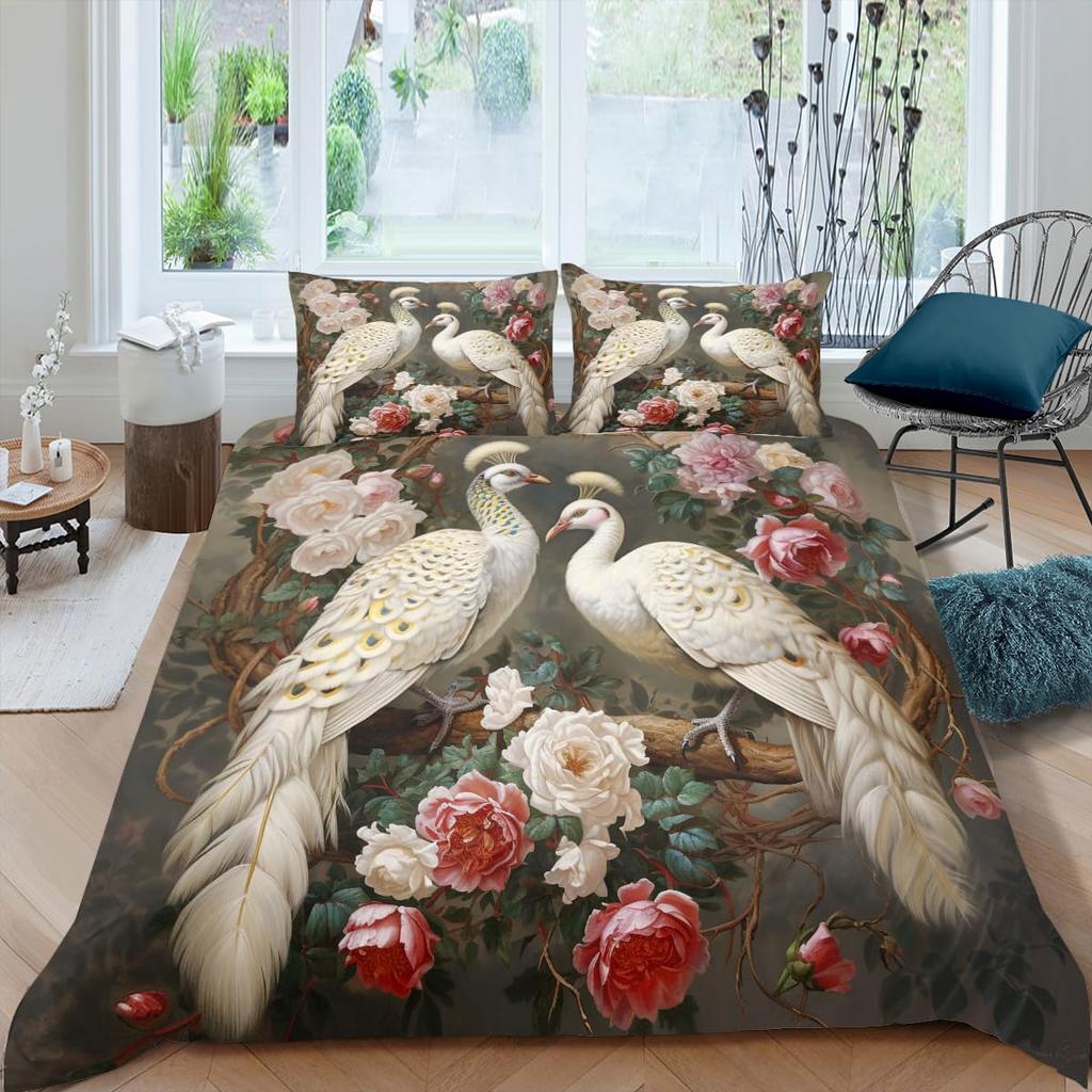 Peacock Duvet Cover Set Simple Peacock Feathers Pattern Queen Comforter Cover Girls Women 3 Piece Bedding Sets Bedroom Decor