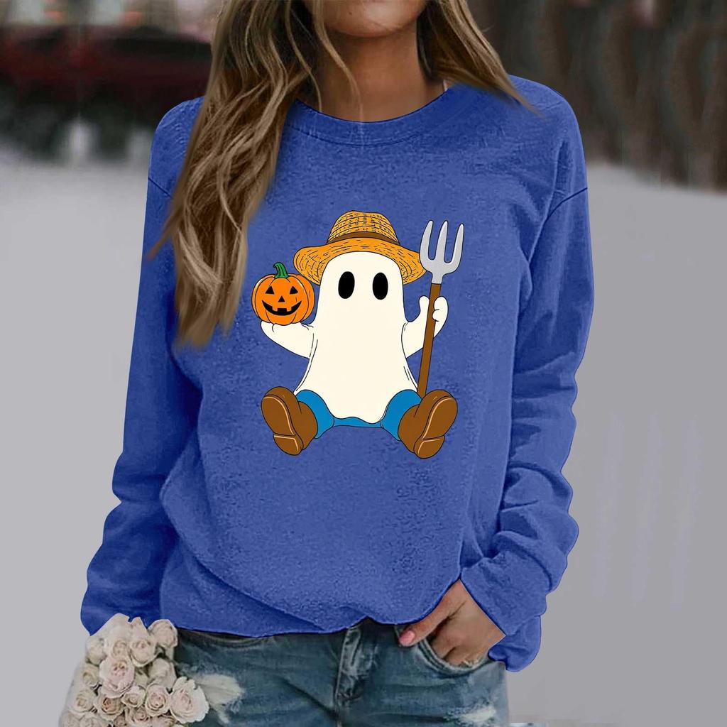 Women's Fashion Long Sleeve Halloween Print Round Neck Sweatshirt Top