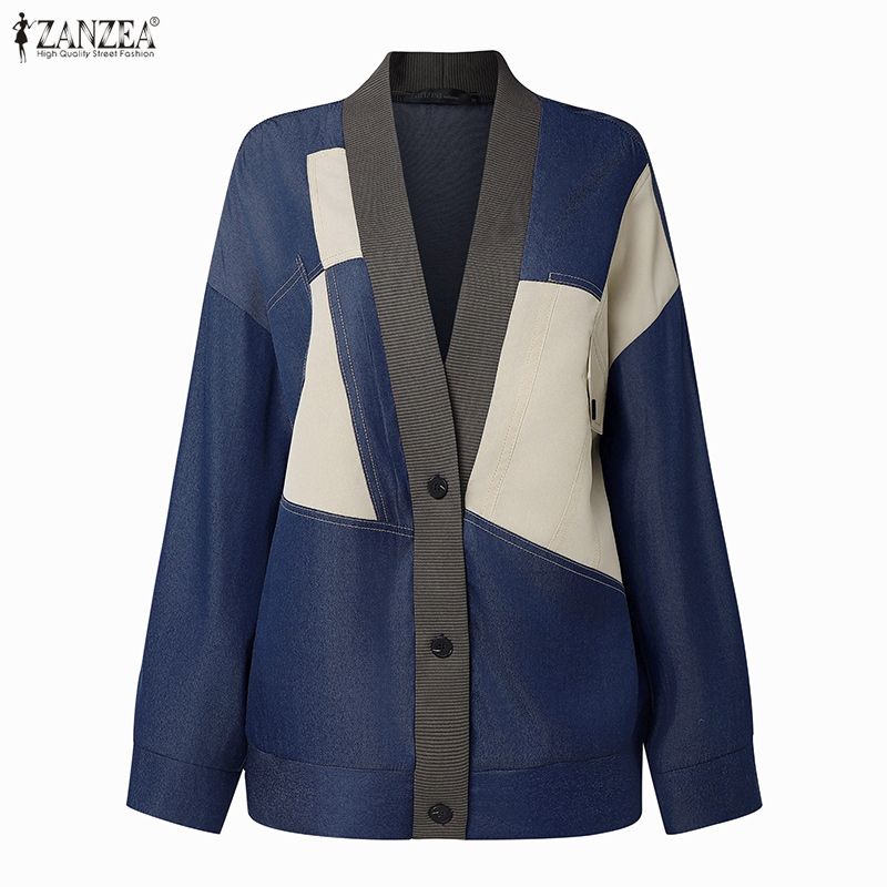 ZANZEA Women Casual V-Neck Loose Long Sleeve Patchwork Cardigan Blouse