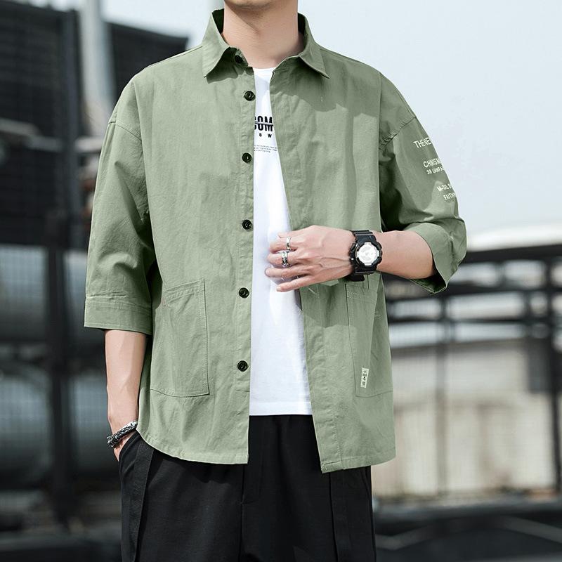 Men's Summer Lightweight 3/4 Sleeve Shirt Loose-Fit Casual Japanese-Style Workwear Shirt