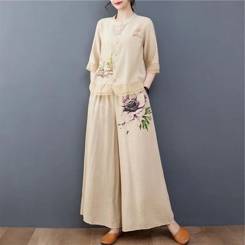 Fashionable Embroidered Cotton Linen Two-Piece Set with Wide Leg Pants for Middle-Aged And Elderly Women Summer Clothing