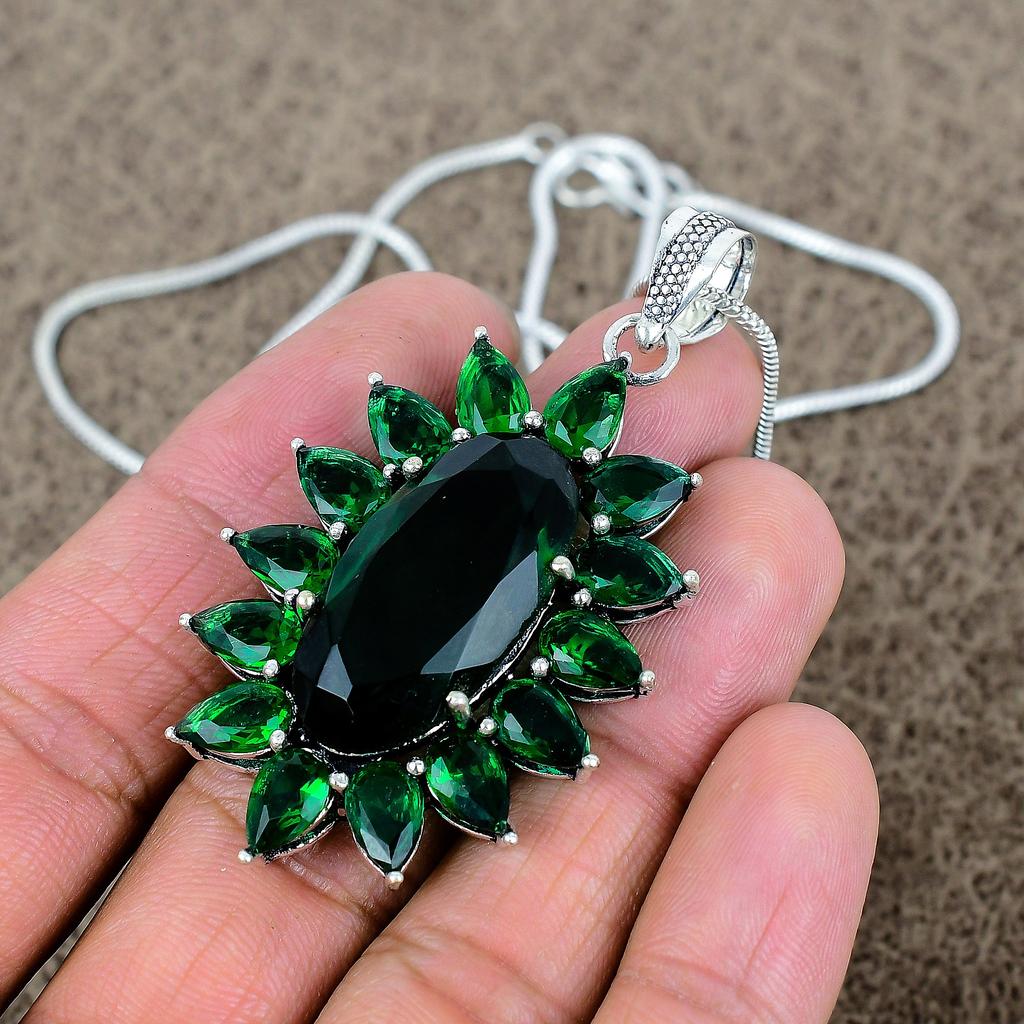 Chrome Diopside Gemstone Handmade 925 Sterling Silver Jewelry Pendant 2.48" KKG-285