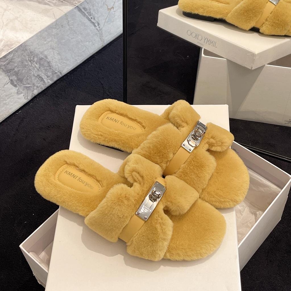 Korean version of fairy wind fluffy slippers female outer wear 2025 autumn and winter new Internet celebrity super fire fashion flat bottom cotton