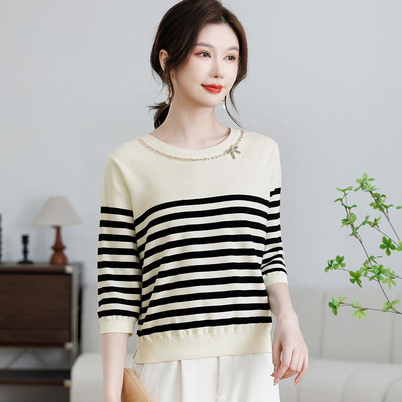2026 Summer Ice Silk Women s Striped Knit T-Shirt M абрикосовый