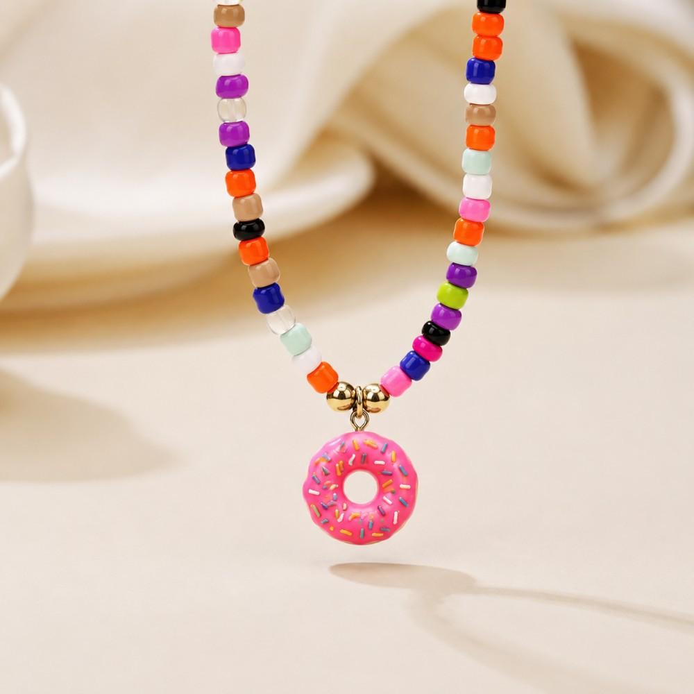 Color Beaded Cartoon Necklace, Niche Versatile Acrylic Donut Pendant Rice Bead Necklace