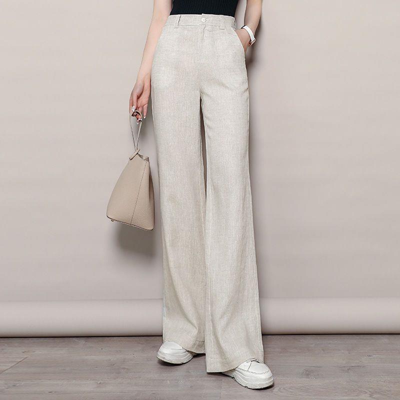 

High-Waisted Cotton & Linen Wide-Leg Floor-Length Trousers - Loose Fit Casual Pants XL (Recommended for 125-135 jin) грязно-белый