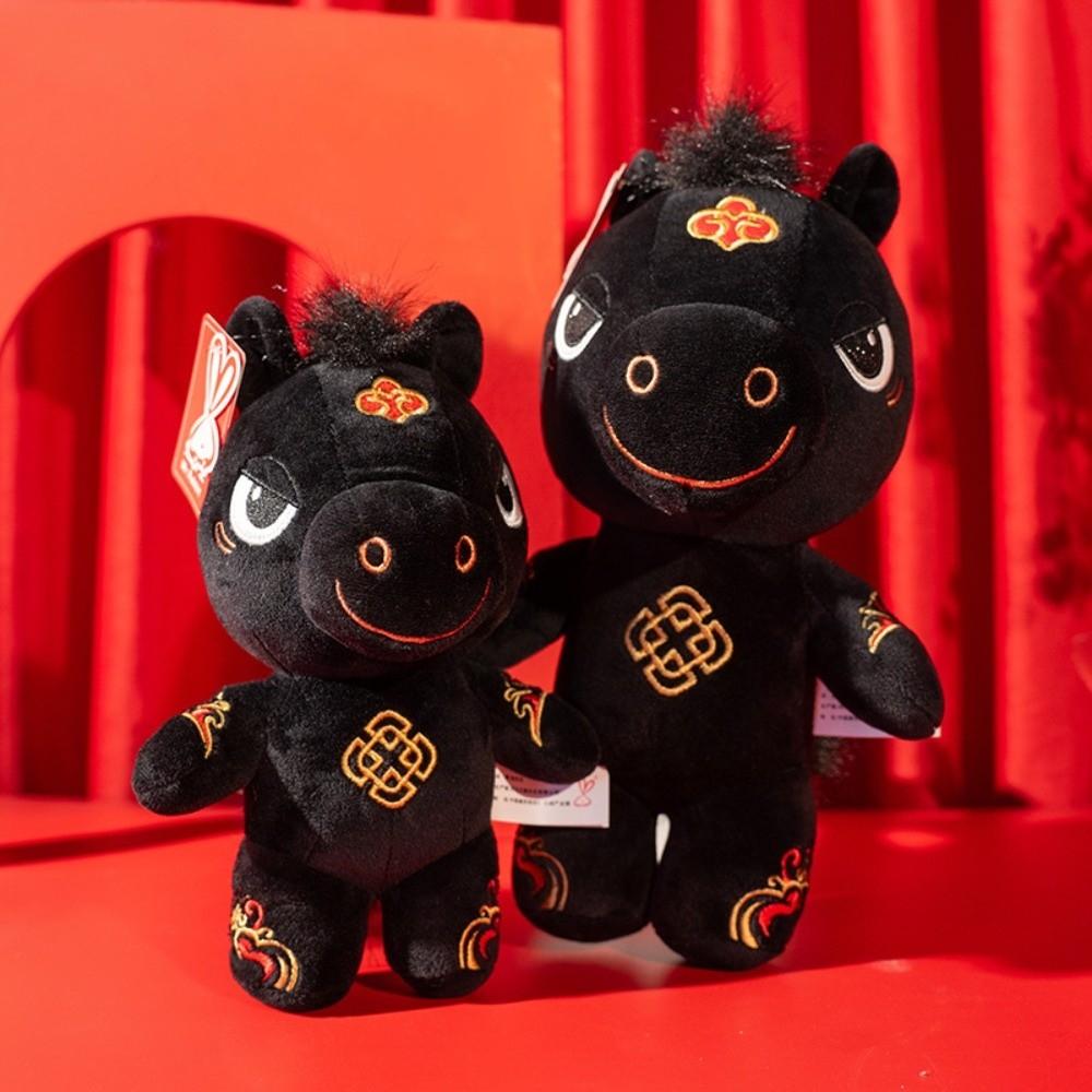Stuffed Animal Black Horse Cute Kawaii Stuffed Horse Mascot Dolls Fluffy Zodiac Pony Figurine Chinese New Year