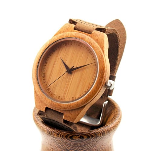 COOFEEL Wooden Watch, Bamboo Wood Watch, Women's and Men's Analog Watch with Genuine Leather Band, Natural Wood, Christmas Gift (Thin Hands, Men's Wat