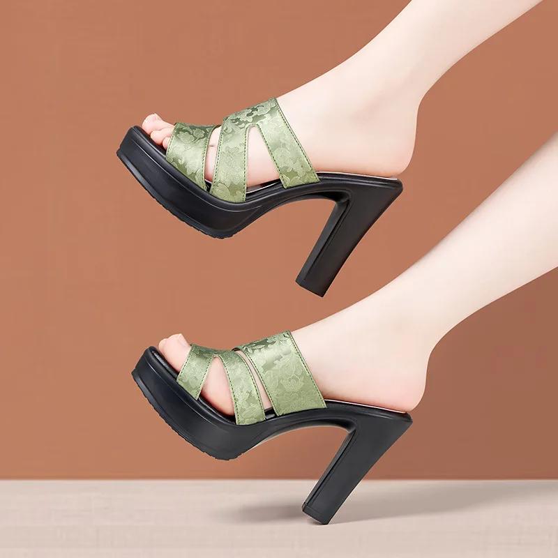 11cm Kleine Größe 32-43 Elegant Floraler Druck Block Hohe Absätze Schuhe Plateau Pantoletten 2025 Sommer Damen Hausschuhe Büro Model
