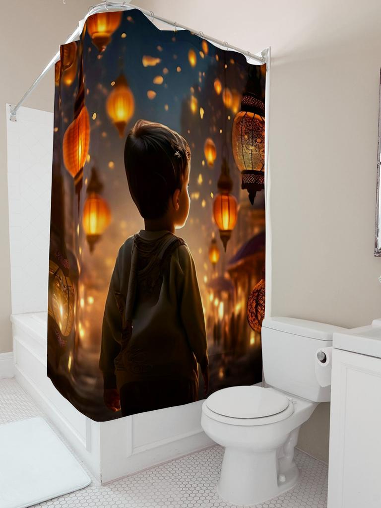 Boy and Lanterns Shower Curtain | Magical Night Bathroom Decor