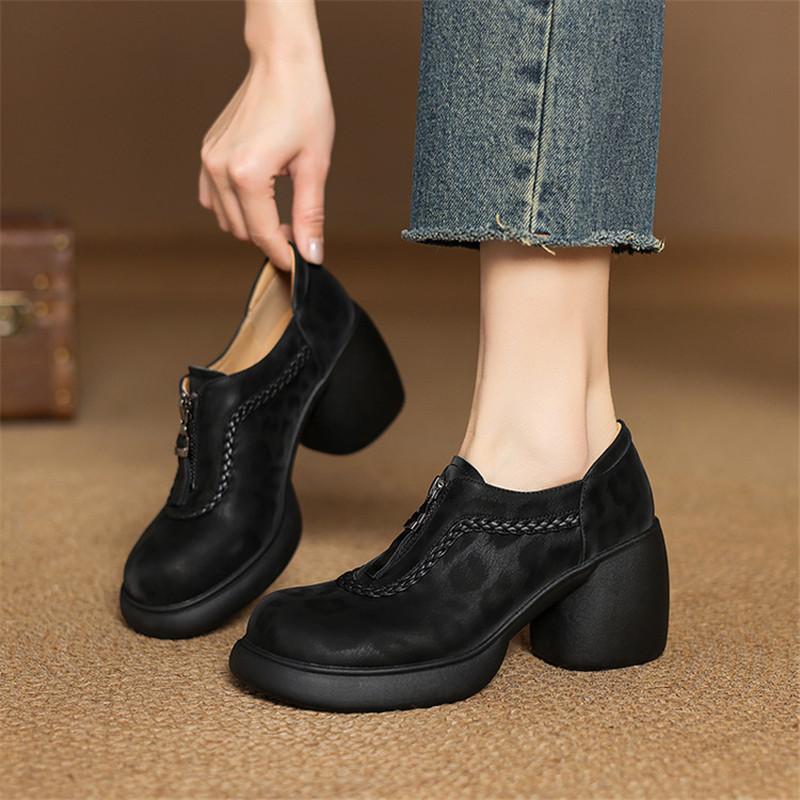 Fashion 2025 New Spring Leopard Print Sheep Leather Woman Shoes Round Toe High Heel Women Pumps Shoes for Women Fashion Platform Loafers