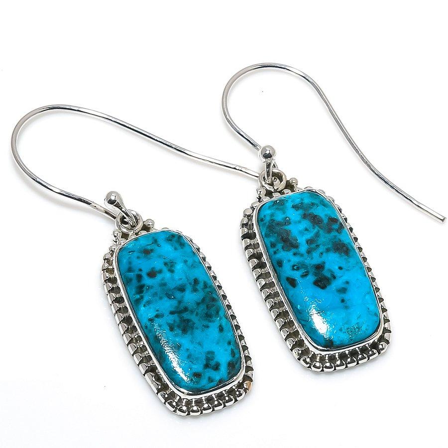 Natürlicher Chrysokoll-Edelstein, 925er Sterlingsilber, Geschenk-Ohrring, 3,8 cm, W6r87