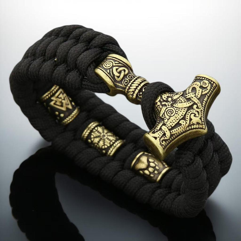 European & American Antique Bronze Thor's Hammer Men's Retro Woven Bracelet
