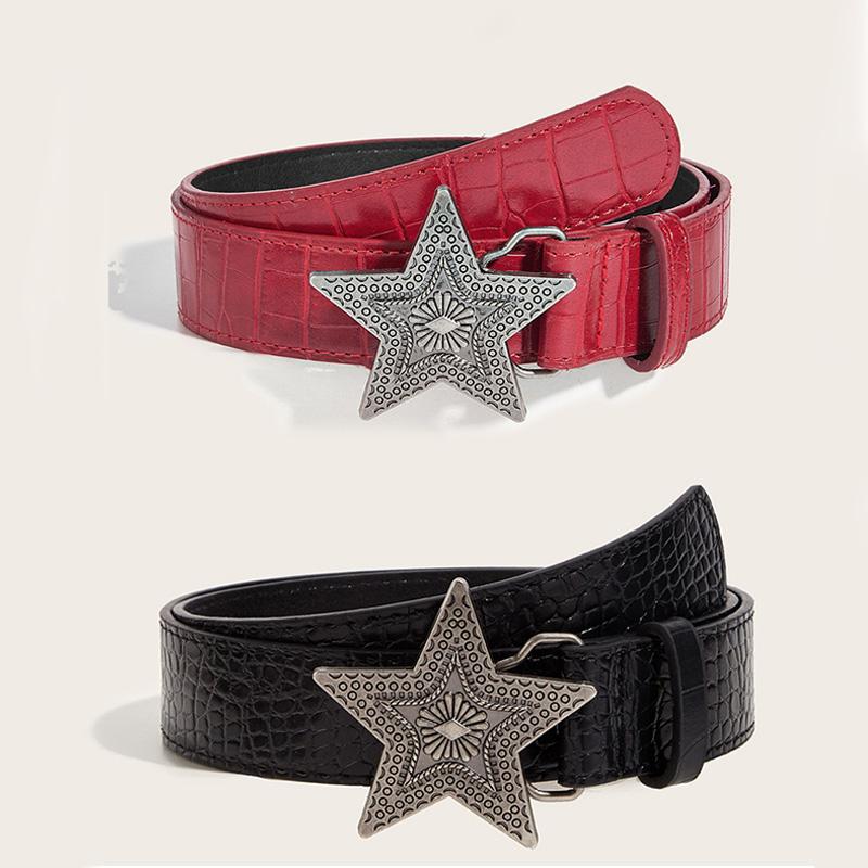 Width 3.3cm Hip-hop Retro Ladies Belt Gothic Punk Five-pointed Star Buckle Pu Leather Girdle Rock Popular Red Waistband