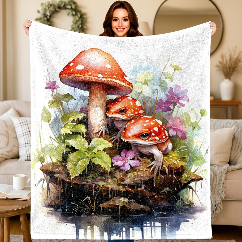 1pc Flannel Blanket 2D Printed Mushroom Plant Art Fantasy Whimsical Throw Birthday/Holiday Gift for Sofa/Bed/Camping/Office/Touris