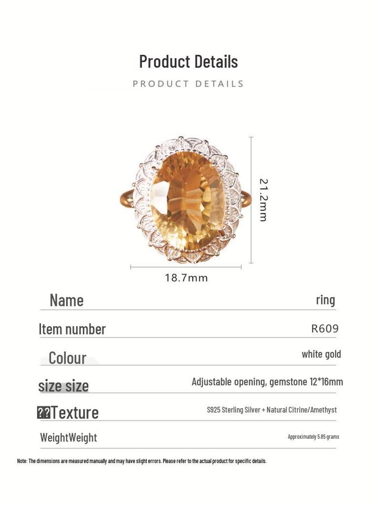 Large Carat Natural Citrine Amethyst Pendant Necklace for Women, S925 Silver with Colored Gemstones