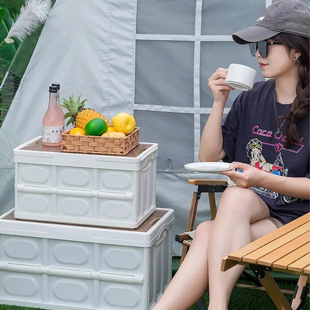 Outdoor Camping Storage Box 15L Thickened Foldable Storage Box Car Mounted Wooden Cover Portable Household Storage Box