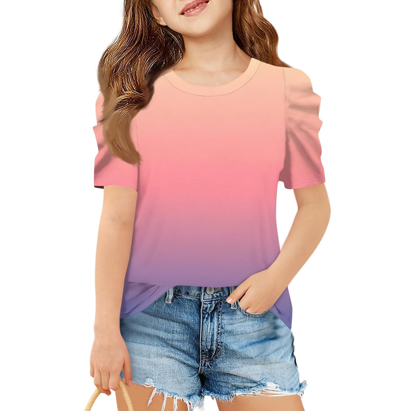 

Летний топ с коротким рукавом для девочек, детская повседневная футболка с круглым вырезом и градиентом 110