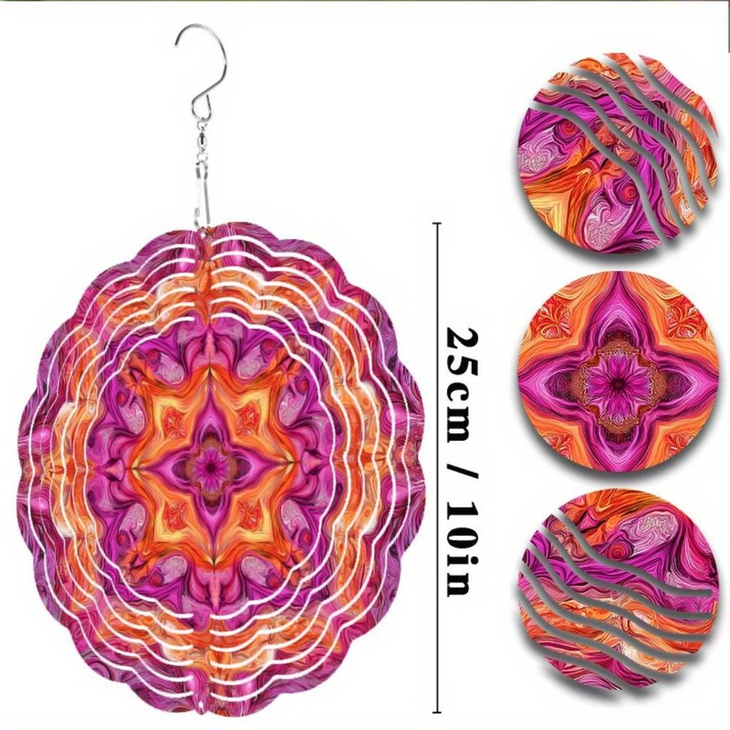 Metal Wind Chime Mandala Outdoor Garden Decor - Rustic Wind-Powered Spinner with Vibrant Purple Pink Orange Golden Accents