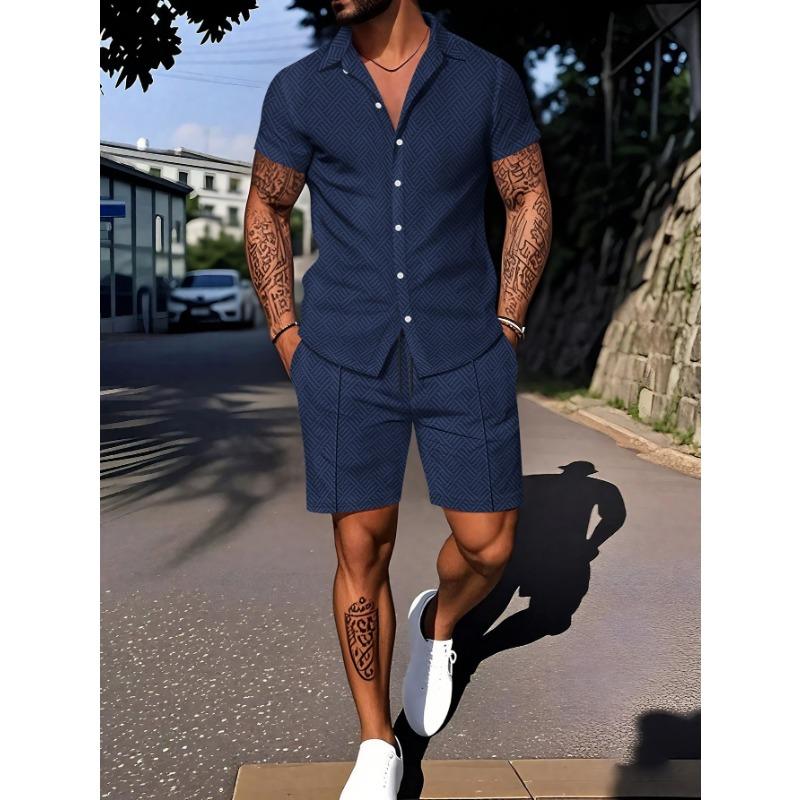Mens Geometric Print Contrast Collar Short Sleeve Button Up Shirt And Drawstring Shorts 2 Piece Casual Set