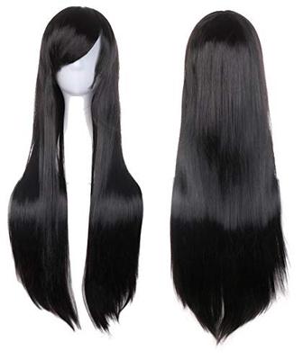 Pumpkin Parade Wig 3-Piece Set, Long, Straight, Full, with Wig Stand, Pure Black