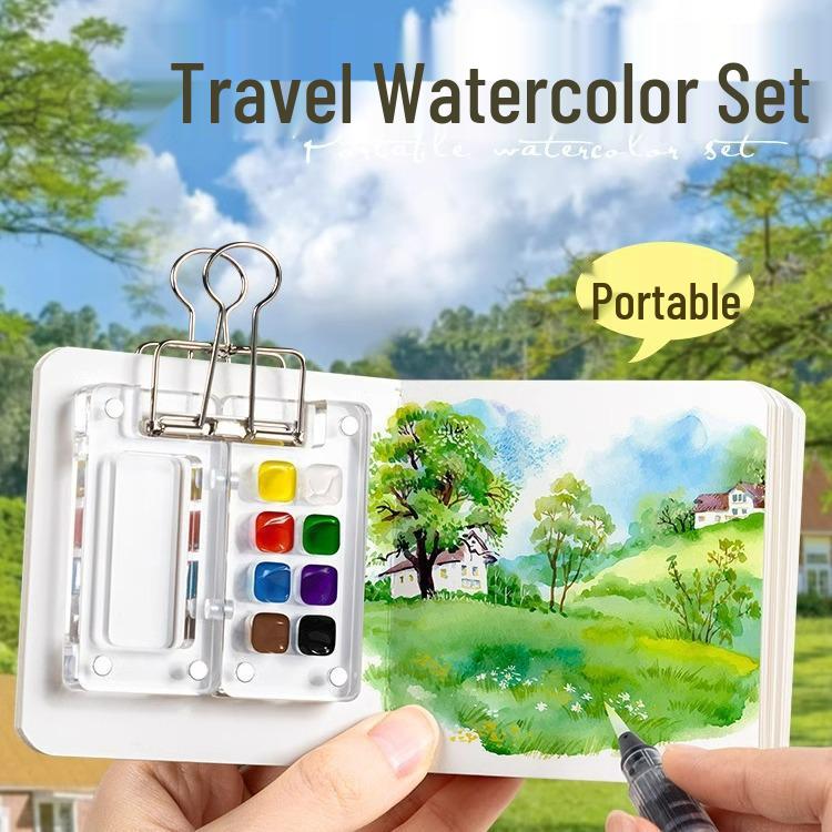 Mini Watercolor Walnut Box: Portable Travel Sketchbook & Palette