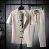 Camicie + Pantaloni Pantaloncini estivi in ​​cotone e lino Maniche Set casual da uomo Pantaloni e camicie da uomo alla moda