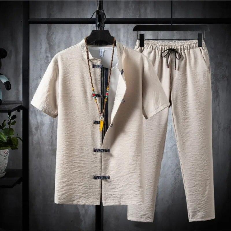 Camicie + Pantaloni Pantaloncini estivi in ​​cotone e lino Maniche Set casual da uomo Pantaloni e camicie da uomo alla moda