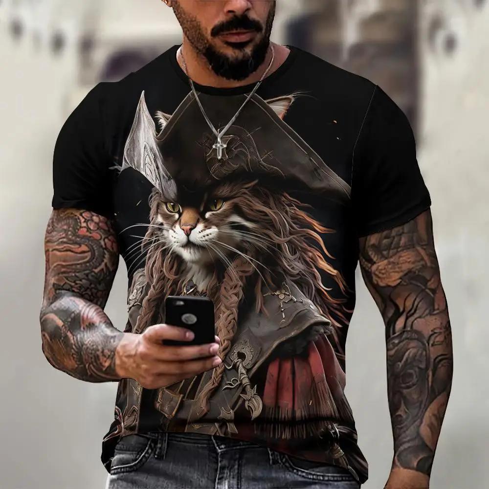 Men's 3D Printed T-Shirt Cute Cat Pattern Print Short Sleeve O-Neck Pullover Casual Top