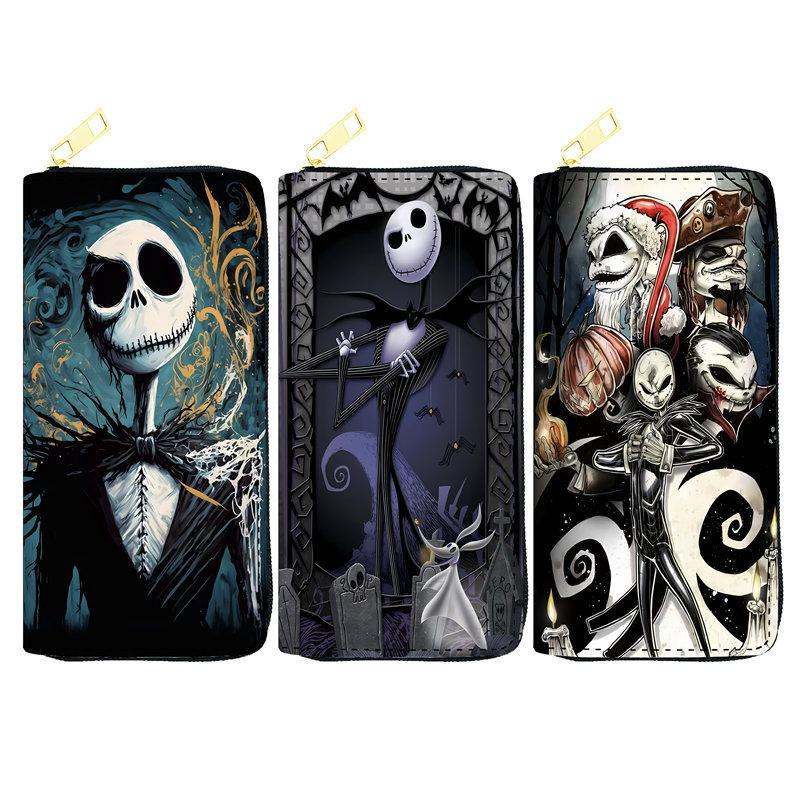 Nightmare Before Christmas PU Langbörse für Damen Reißverschluss-Kupplungstasche Kosmetiktasche Jack Skellington Aufdruck Schwarz 3 Stück