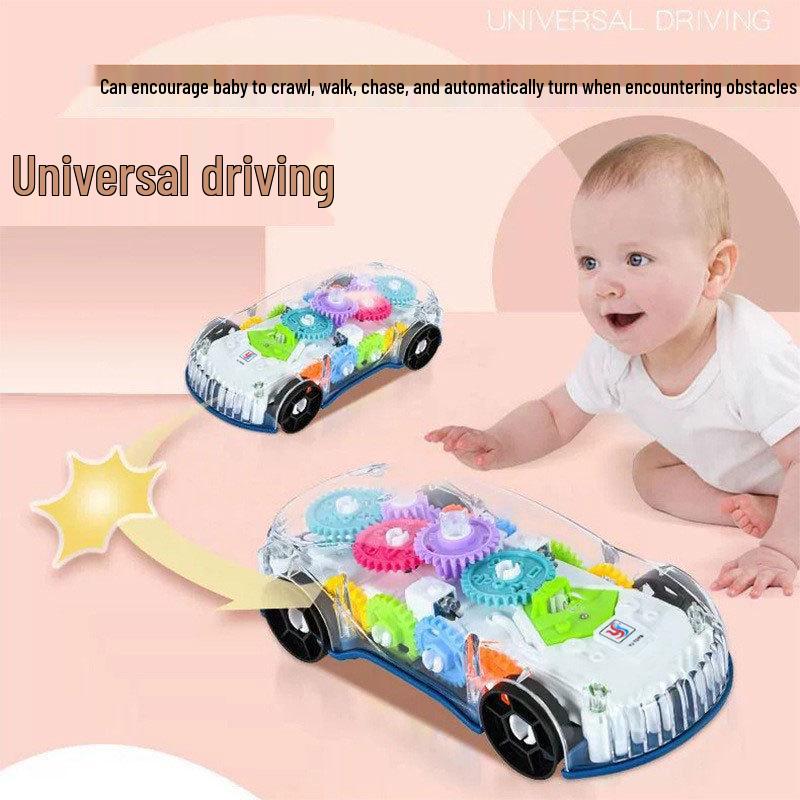 In Stock: Interactive Transparent Gear Racing Car – Omni-directional Walking, Lights, Music, Electric Toy for Children & Parents