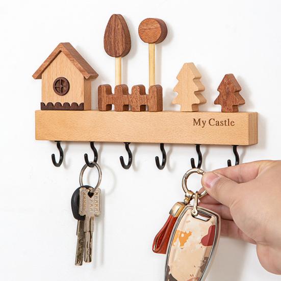Rustic Wood Key Hanger Hanger with Decorative Wall Mounted 6 Hooks Entrance Key Hanger for Keys