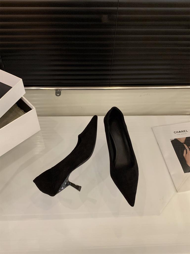 stiletto high heels suede pointed single shoes women's shoes 2025 new spring and autumn temperament socialite black commuter shoes