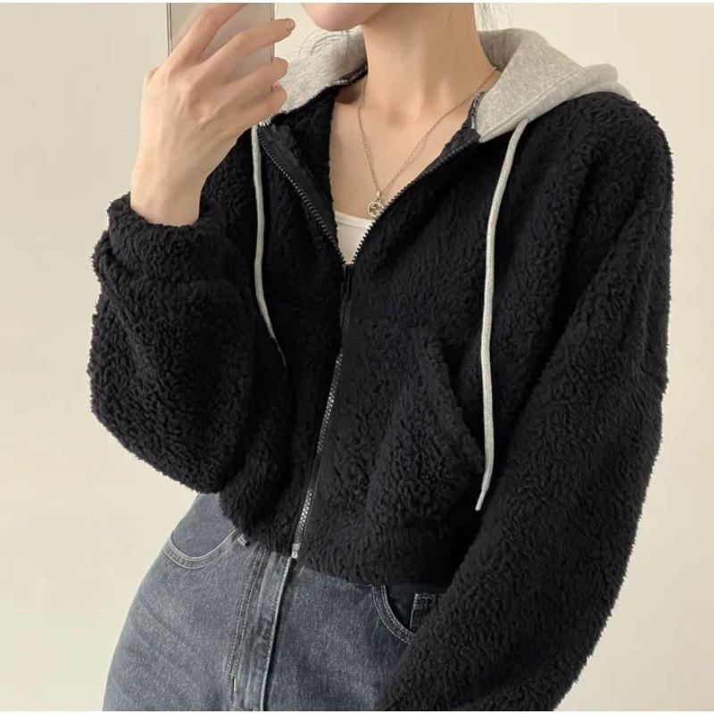 Imitation Lamb Fur Short Jacket for Women In Autumn and Winter Korean Loose Plush Thickened Cardigan Zippered Hooded Top