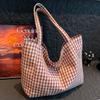Large Capacity Plaid Canvas Tote Bag Summer Fashion Literary Lazy Shoulder Shopping Bag