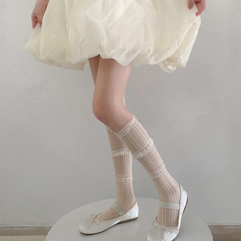 Womens Knee High Socks Girls Lace Layered Stockings Tight Socks Japanese Style Lace Socks for Skirt Shorts