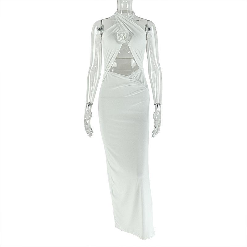 European and American Style Women's Clothing Design Hollow Open-ended Backless Sexy Hip Skirt Solid Color Neck-wrapped Chest Long Dress
