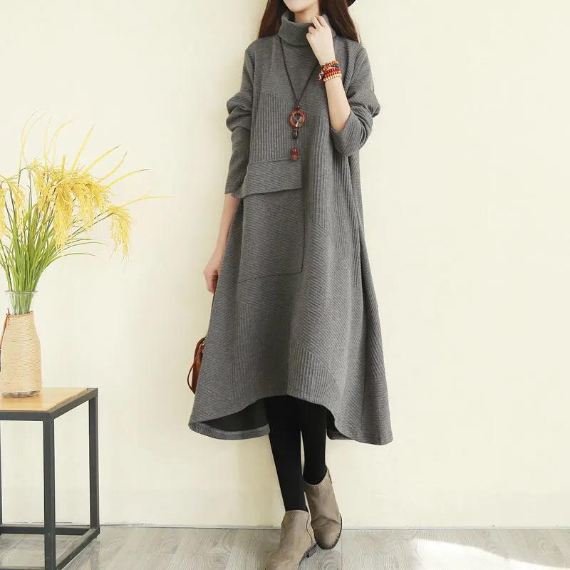 Retro Rollkragen Strickkleid Frühling Lang Überknie Dickes Innenfutter Unterrock Lockeres Temperament Langer Rock