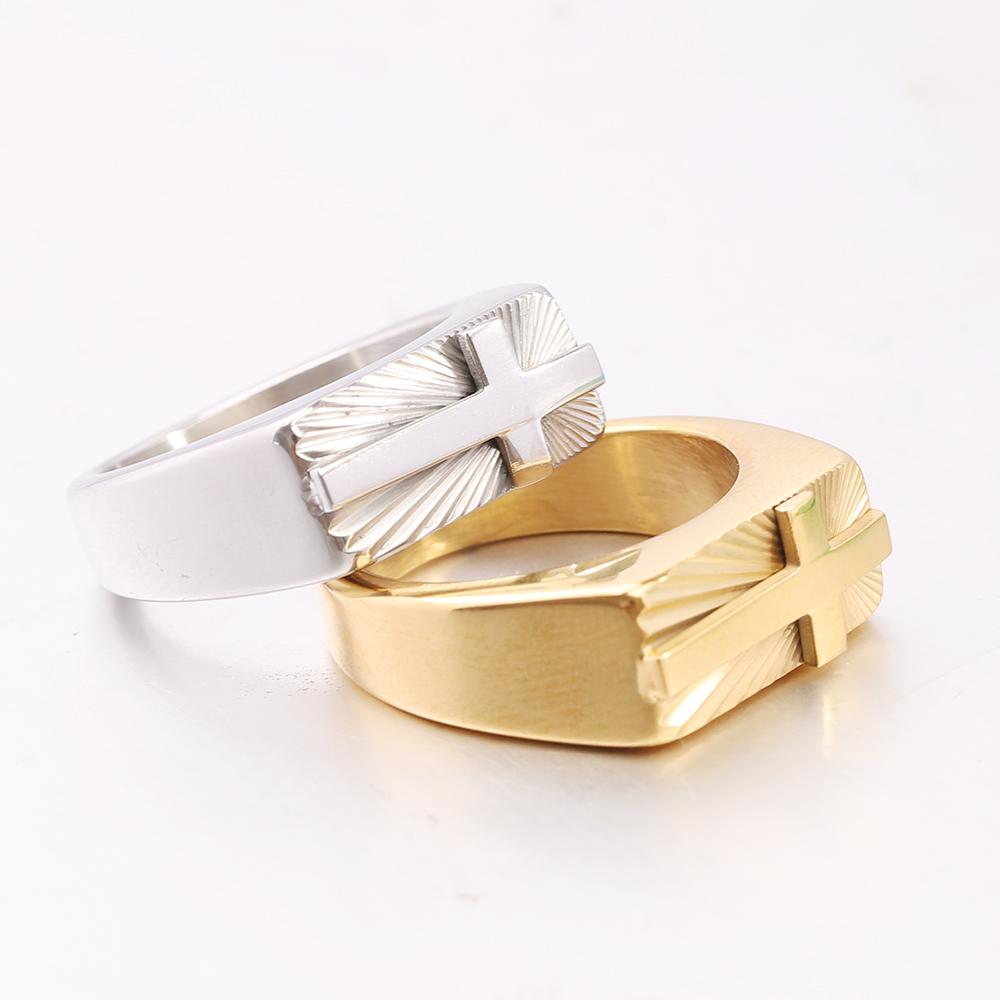 Stainless Steel Cross Rings for Men, Silver and Gold - Toned, with Exquisite Sunburst Pattern