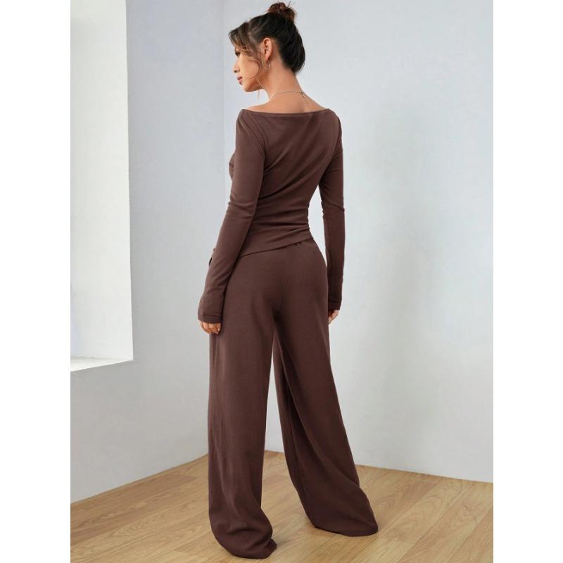 VEZFAA Women's Fashion Casual Spring Autumn Solid Color Print Long Sleeve O-Neck Trousers Pants Suits