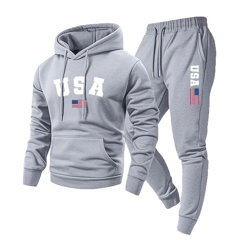New casual sweater USA flag print hooded suit autumn and winter sports European and American trend men's and women's sweatpants