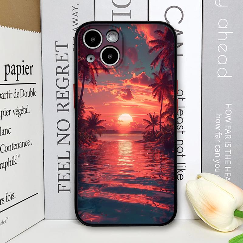 Creative Sunset Beach Wave Coconut Palm Landscape Phone Case for iPhone 17 16 Pro Max 15 14 13 12 11 Mini X 7 8 Plus Hard Cover