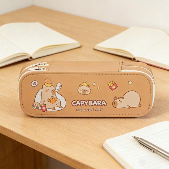 Dual-Layer Pencil Case Faux Leather Cute Stationery Bag Large Capacity Portable Pen Pouch for School Office Supplies