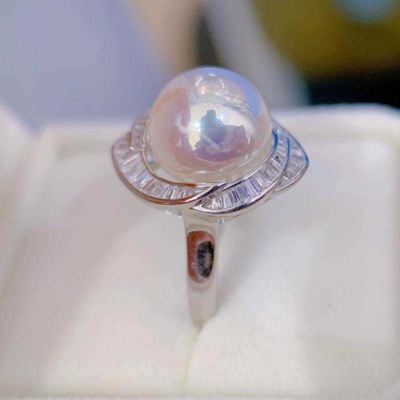 11-12mm Natural White Semiround Pearl Fashion Trendy Flower Ring 925 Silver Fine Wedding Jewelry for Women