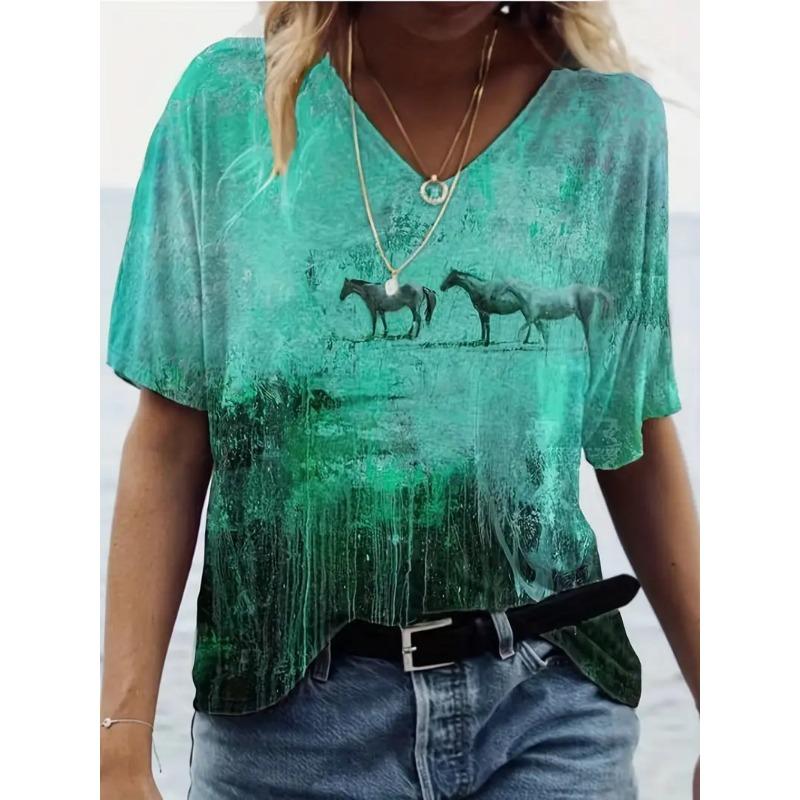 

Новая женская футболка с коротким рукавом и V-образным вырезом с 3D-принтом в виде животных и растений 5XL