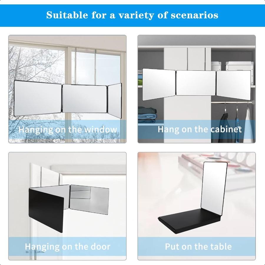 

Зеркало с тремя створками для самостоятельной стрижки волос, инструменты с регулируемым по высоте зеркалом, 360 тройное для макияжа, чтобы видеть затылок, черное United States