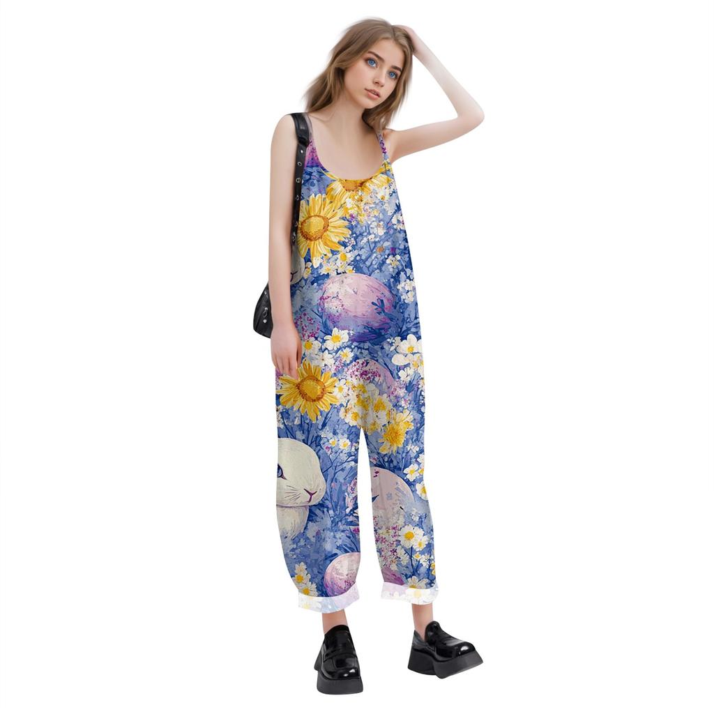 Women's Romper Print Casual Loose Cotton Linen Overalls
